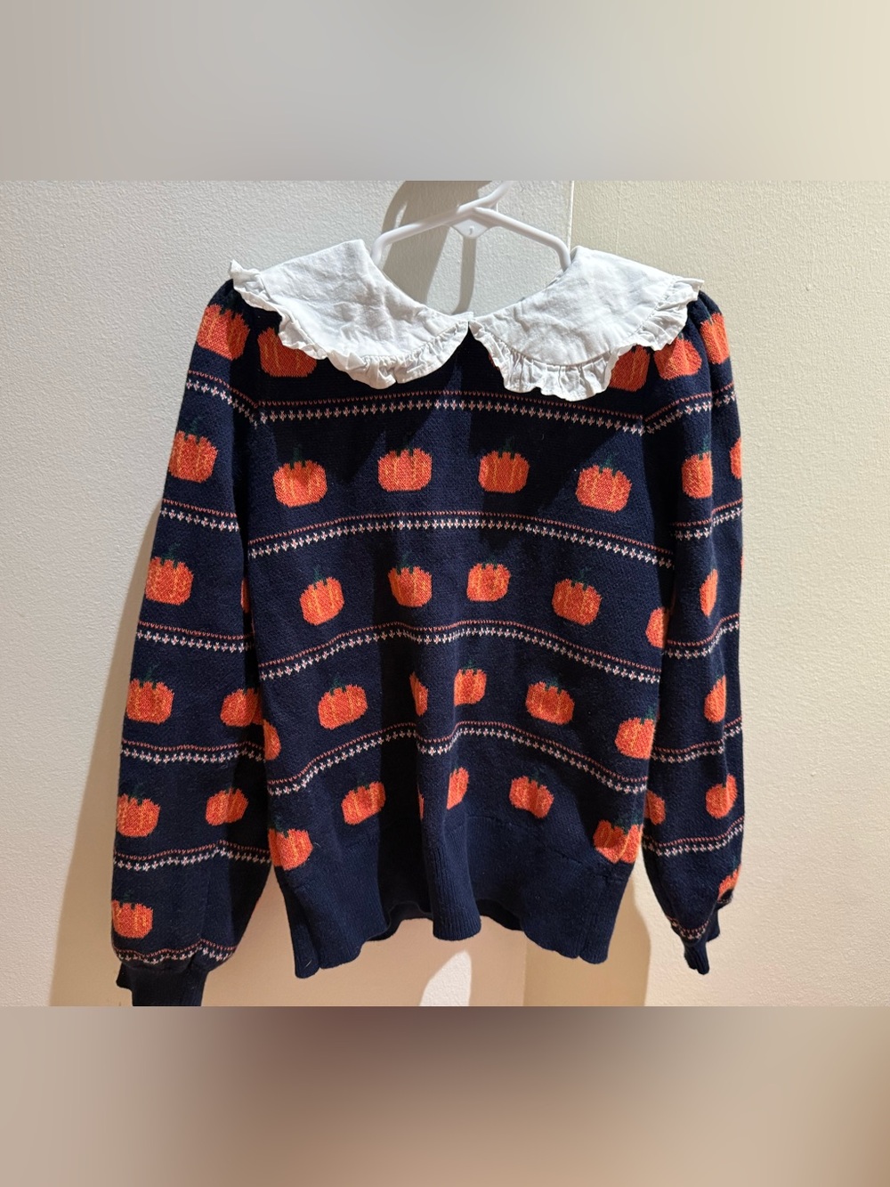 Janie and Jack Navy Pumpkin Knit Sweater with White Ruffle Collar size 6 girls